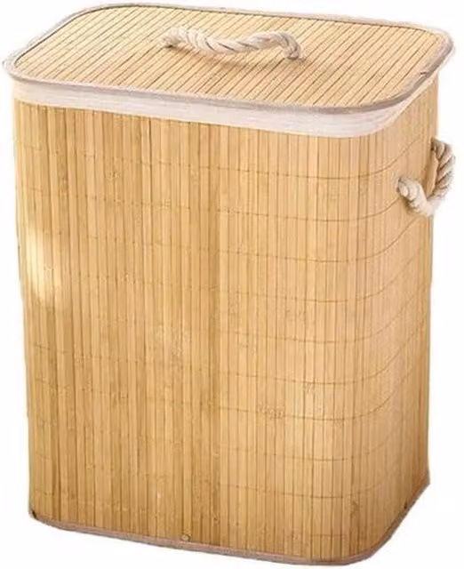 VOGREX Large Foldable Bamboo Laundry Basket with Handles in Beige