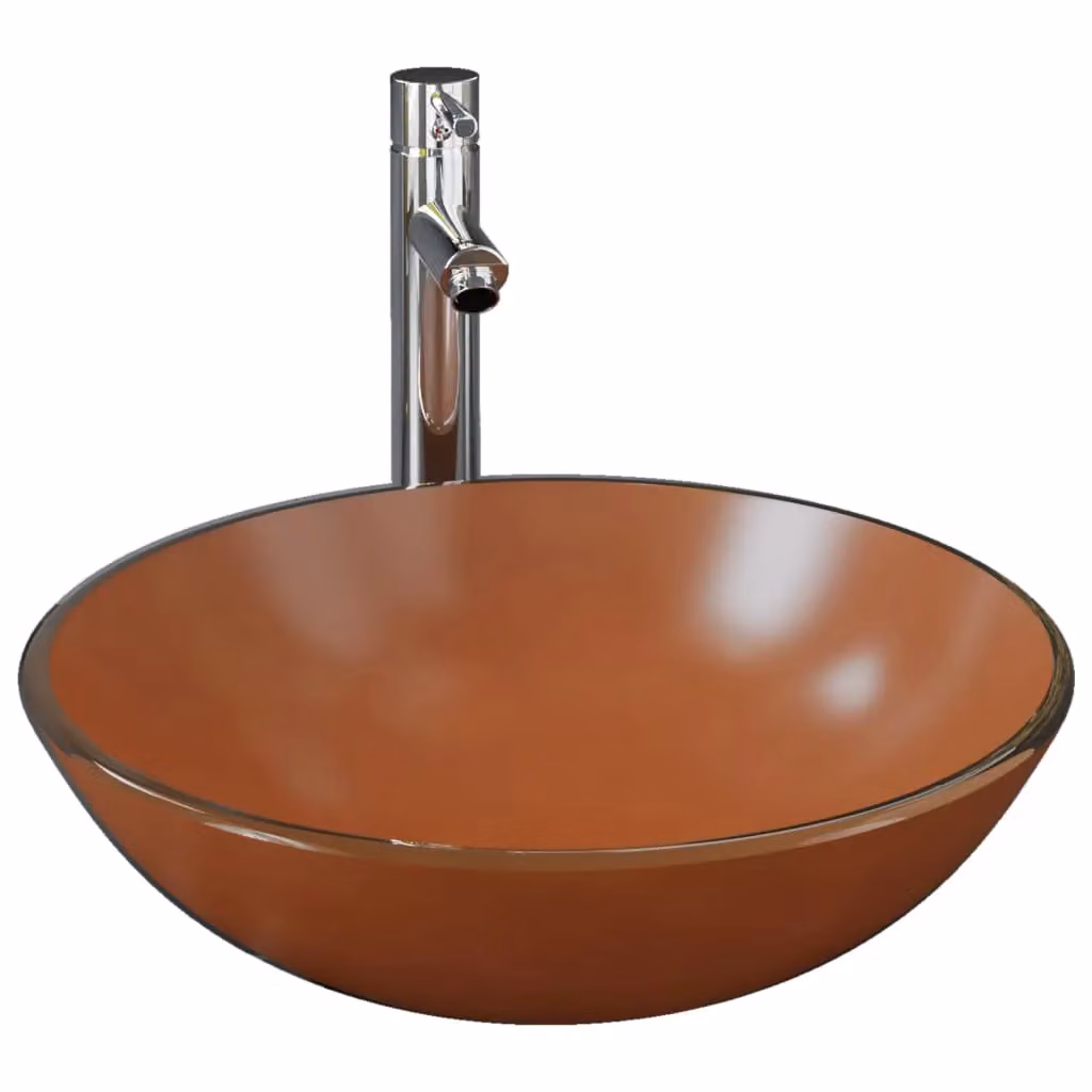 Berkfield Home Round Brown Tempered Glass Countertop Bathroom Sink with Tap and Push Drain – 2
