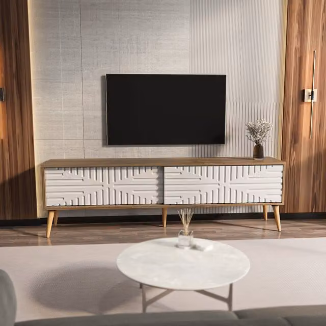 Decorotika Riso Modern TV Unit in Walnut and White, W/D/H: 180 x 35 x 54 cm