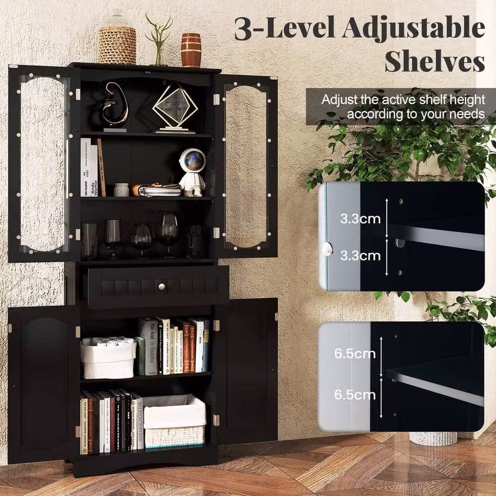 KORVIXA Modern Freestanding Black Linen Cabinet with Glass Doors and 2 Internal Shelves, W: 70 cm, H: 75 cm – 5