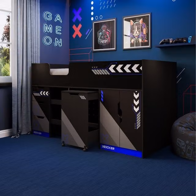 X Rocker Octane Cabin Mid Sleeper Bed with Storage and Pull-out Desk in Blue and Black