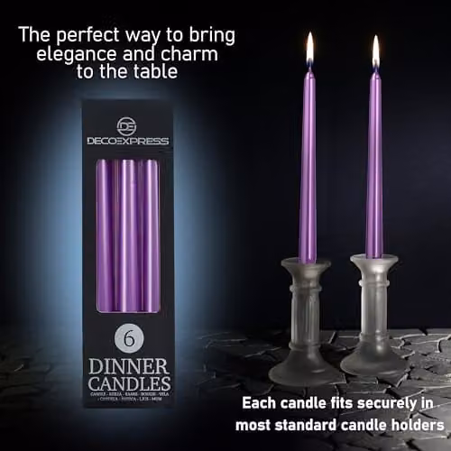 Deco Express Set of 6 Classic Unscented Dripless Tapered Metallic Purple Dinner Candles – 3