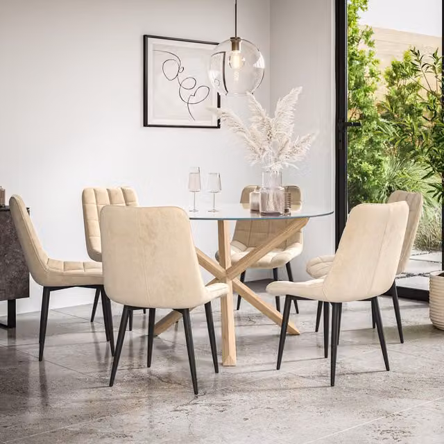 More4Homes Malvern Round Dining Table with Clear Glass Top and Solid Oak Legs and Set of 6 Nova Beige Velvet Dining Chairs