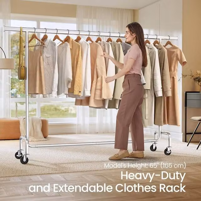The Bazaarist Heavy Duty Rolling Clothes Rack Adjustable Metal Garment Rail, Silver