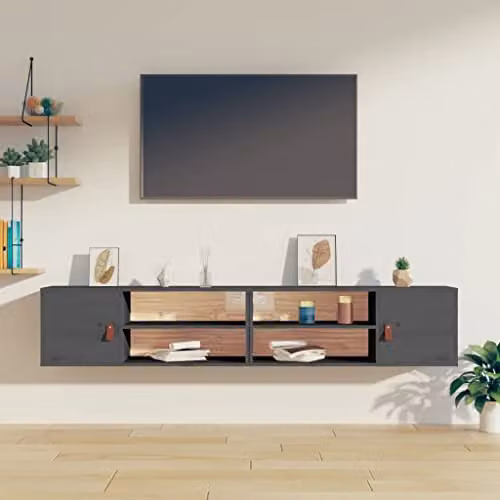 vidaXL Set of 2 Grey Solid Wood Pine Wall Cabinets with Hinged Doors, W/D/H: 80 x 30 x 30 cm – 2