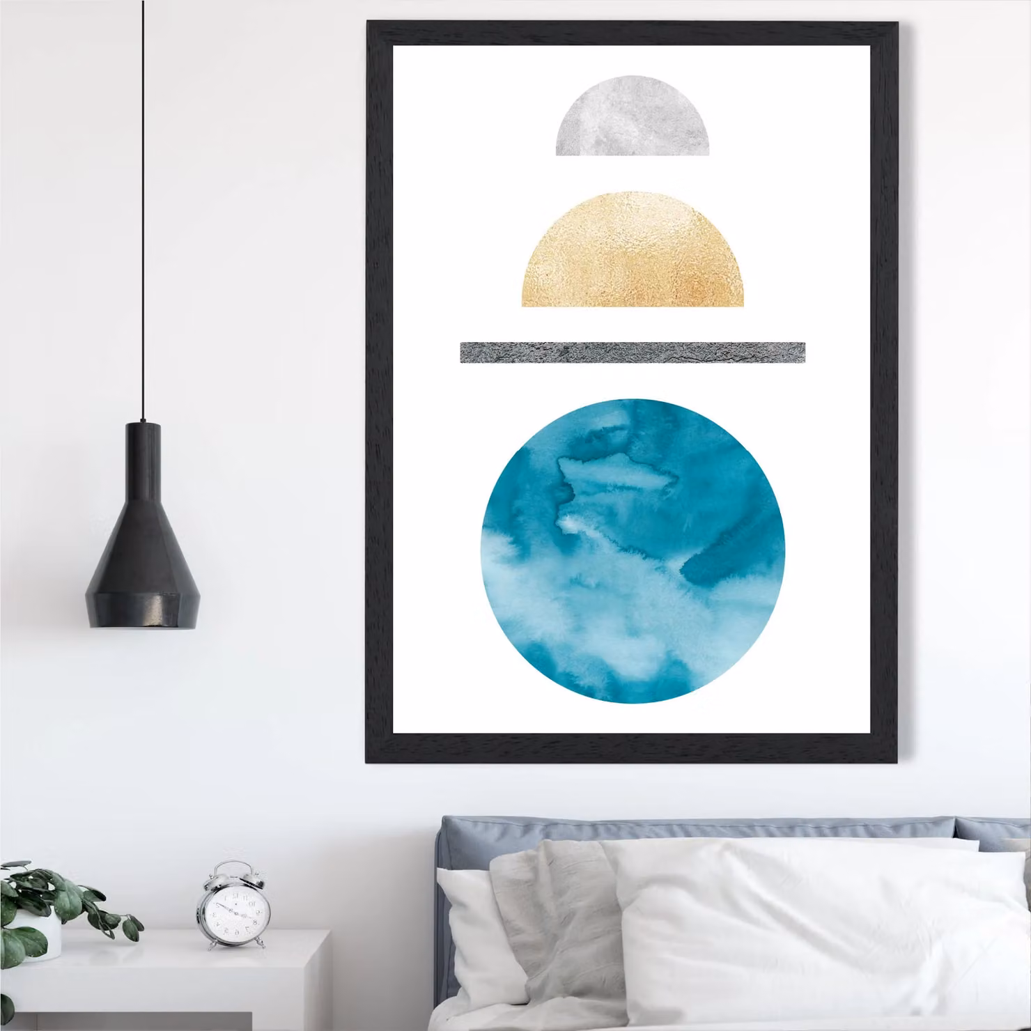 ARTZE Mid Century Geometric Framed Print, Yellow and Turquoise Abstract Circles, Black Frame, A4 – 2