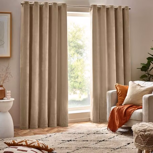 Make It A Home Heavy Chenille Velvet Room Darkening Eyelet Curtains in Beige and Yellow, Height: 229 cm