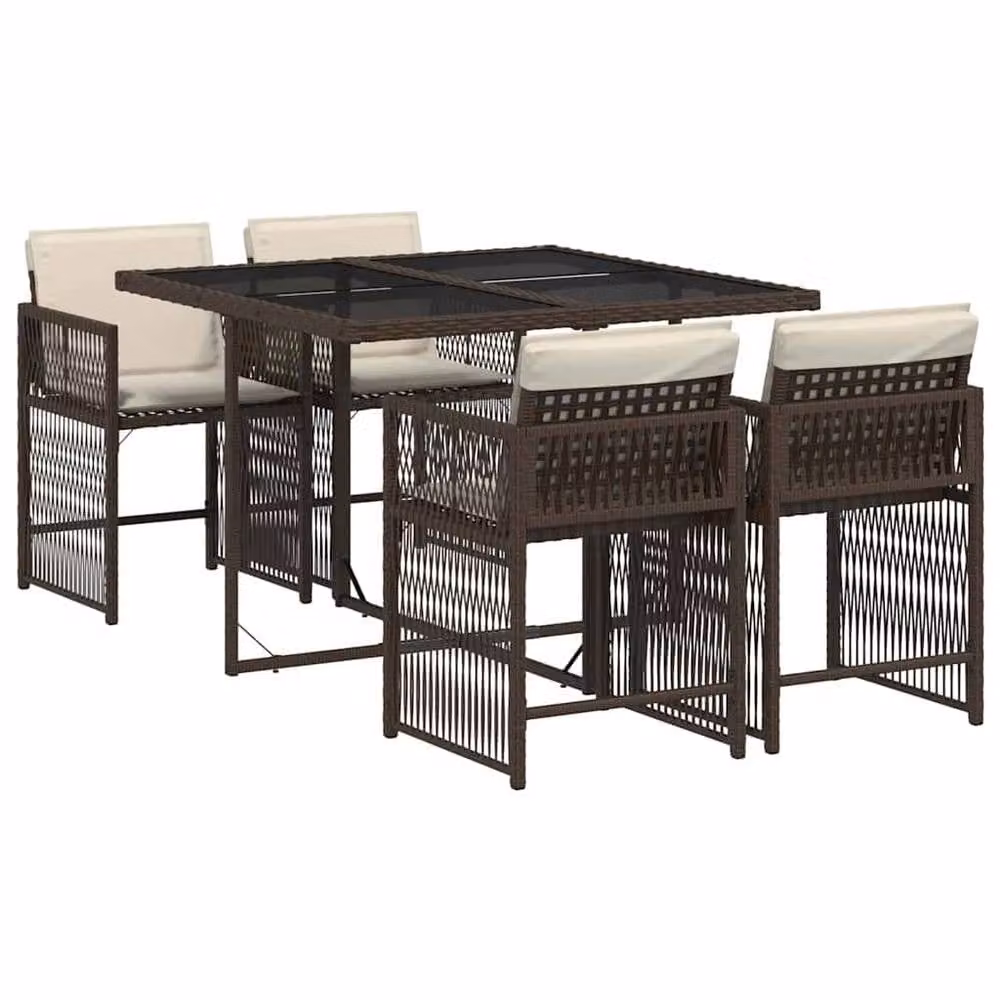 Berkfield Home 5 Piece Brown Poly Rattan Garden Dining Set with Cushions and Glass Top – 2