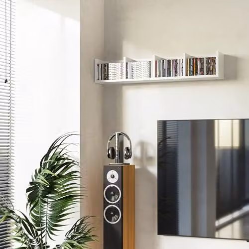 HOMCOM White Wooden Wall-Mounted Media Storage Rack with 4 Cubes for CD and DVD Display – 2