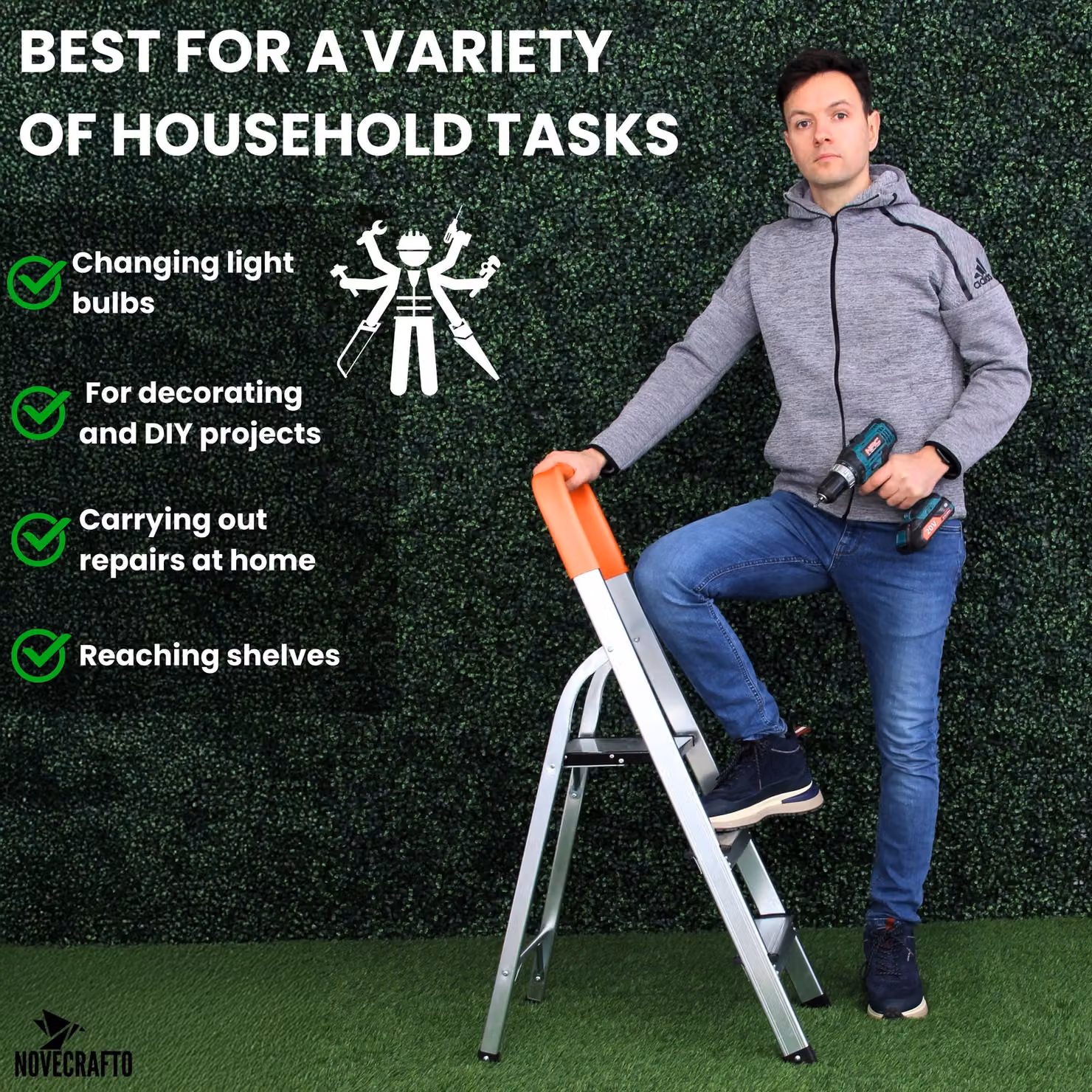 Novecrafto 3 Step Folding Aluminium Ladder with Safety Handrail and Anti-slip Planform in Silver and Orange, Height: 105 cm – 2
