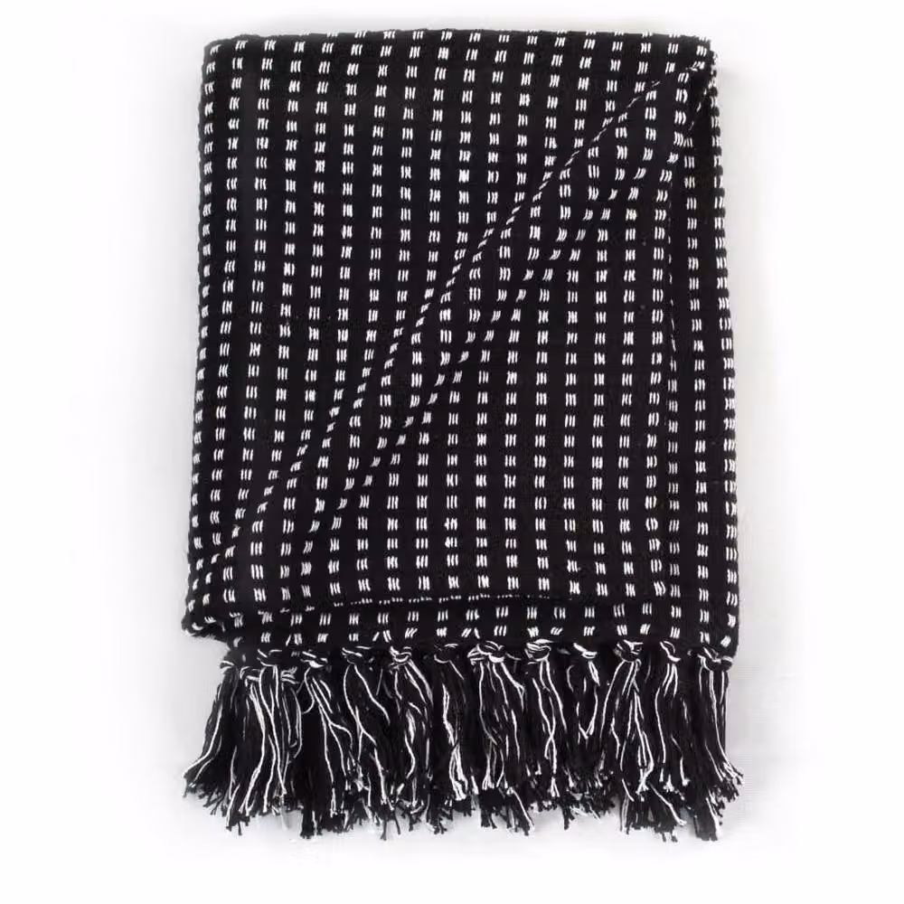Berkfield Home Black Cotton Geometric Throw with Fringes, W: 220 cm, D: 250 cm – 3