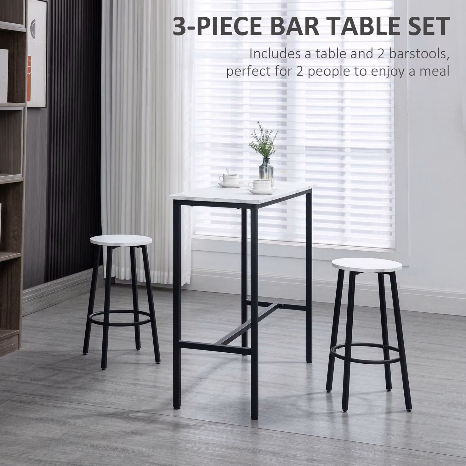 HOMCOM 3 Piece Bar Table and Stool Set in White with Steel Frame and MDF Surfaces – 3