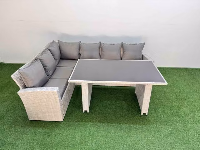 Fimous 6 Seater Wicker Rattan Corner Sofa Set with Dining Table in Light Grey