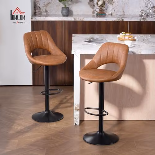 HOMCOM Set of 2 Brown Synthetic Leather Swivel Bar Stools with Footrest – 2
