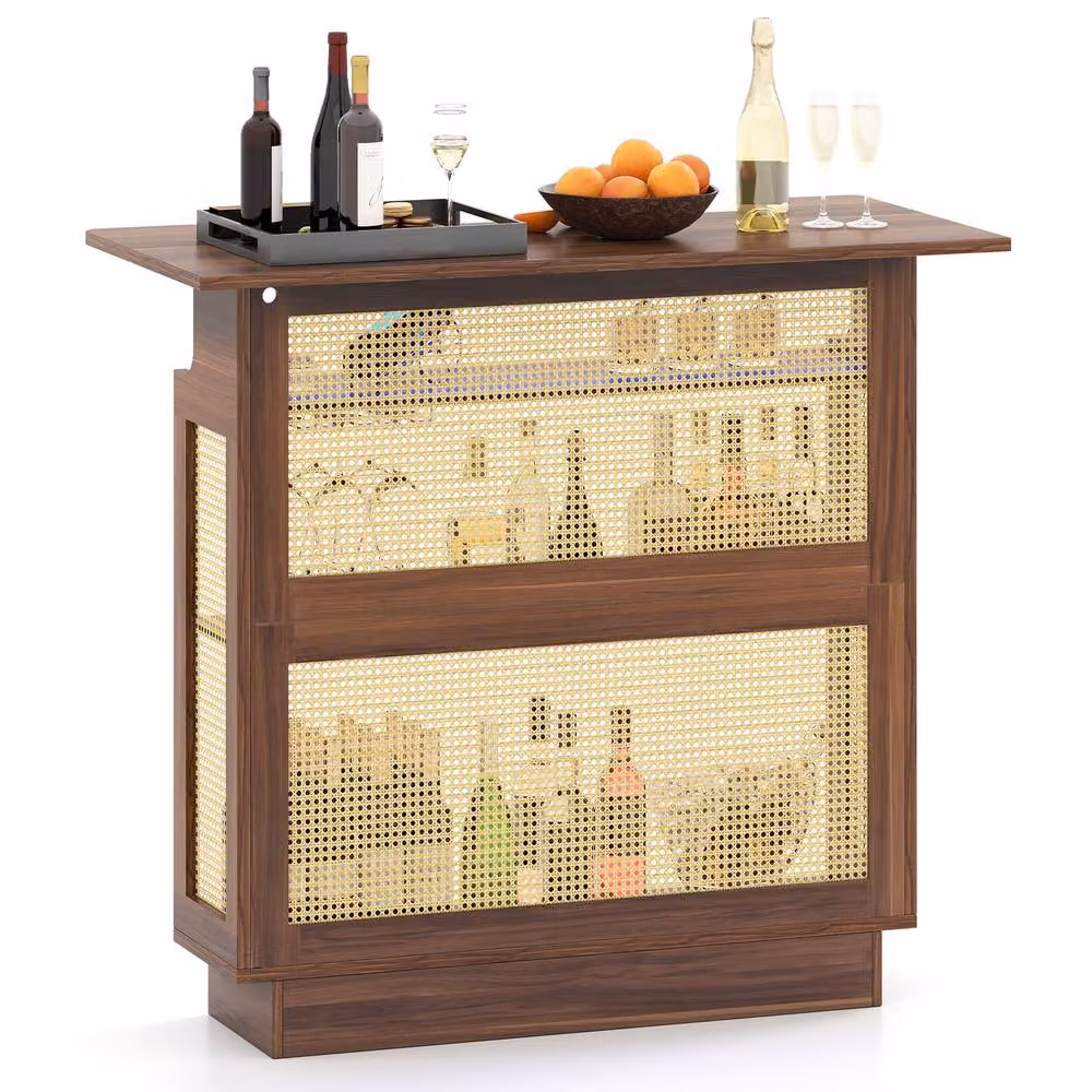 Costway Industrial Rattan Home Bar Table with LED Light and App Control in Brown – 3