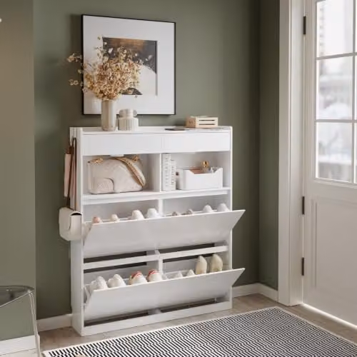SoBuy Modern White Slim Shoe Cabinet with Integrated Lighting and Tilting Compartments, W/D/H: 120 x 19 x 98 cm – 2