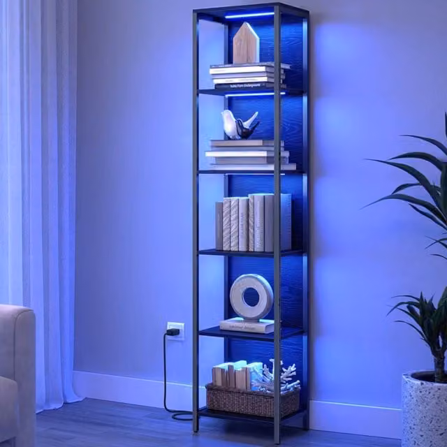 The Bazaarist 6 Tier Modern Bookcase with Integrated LED Lighting in Ebony Black