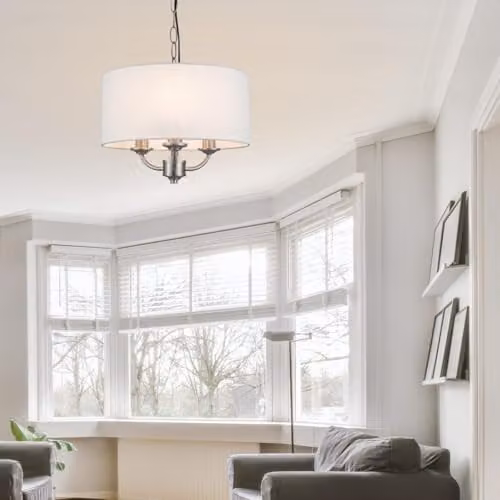Cosylyte Winston 3 Light Classic Faux Linen Pendant Light with Brushed Nickel Base and Black Power Cord, W/D/H: 32 x 32 x 100 cm, 3 x E14 Max 10W LED – 2