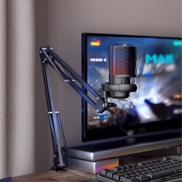 Livingandhome Black Condenser Microphone with Adjustable Boom Arm and USB-C/3.5mm Jack Connectivity