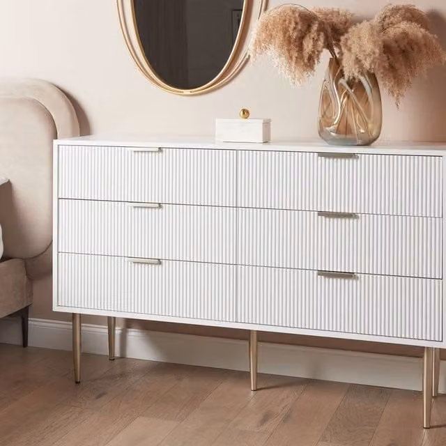 Wyld Haus Nordic 6-Drawer Chest in White Painted MDF with Metal Legs and Fluted Fronts, W/D/H: 120 x 40 x 78 cm