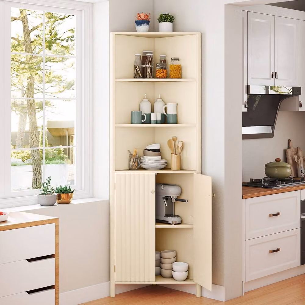 Costway Modern Corner Storage Cabinet in Beige with 5 Shelves and Hinged Doors – 2