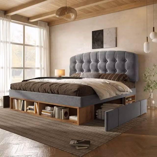 Rolipo Grey Velvet King Bed Frame with Storage Drawers and Headboard W/D/H: 180 x 152.4 x 200 cm