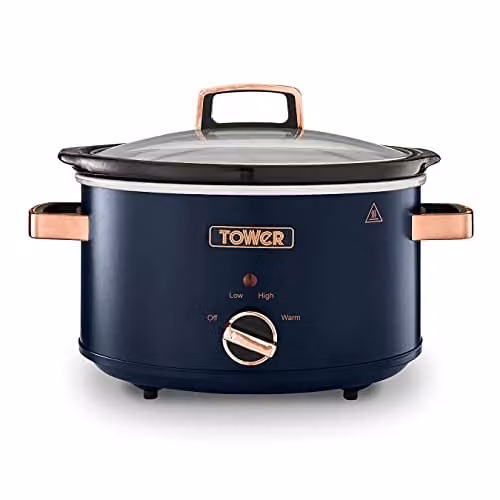 Tower Cavaletto 3.5 Litre Slow Cooker in Blue and Gold with Keep Warm Function and Dishwasher Safe Parts