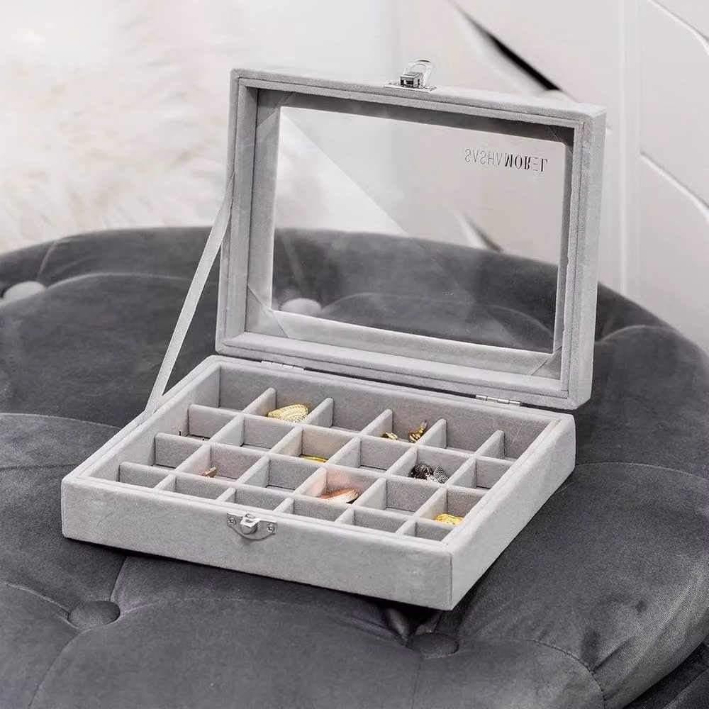 Havendro Velvet Jewellery Organiser Box in Grey with Lid – 3