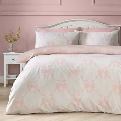 Catherine Lansfield Pretty Bows Reversible Duvet Cover and Pillowcase Set, Pink, W/D/H: 180 x 200 cm, Pillowcase: 50 x 75 cm
