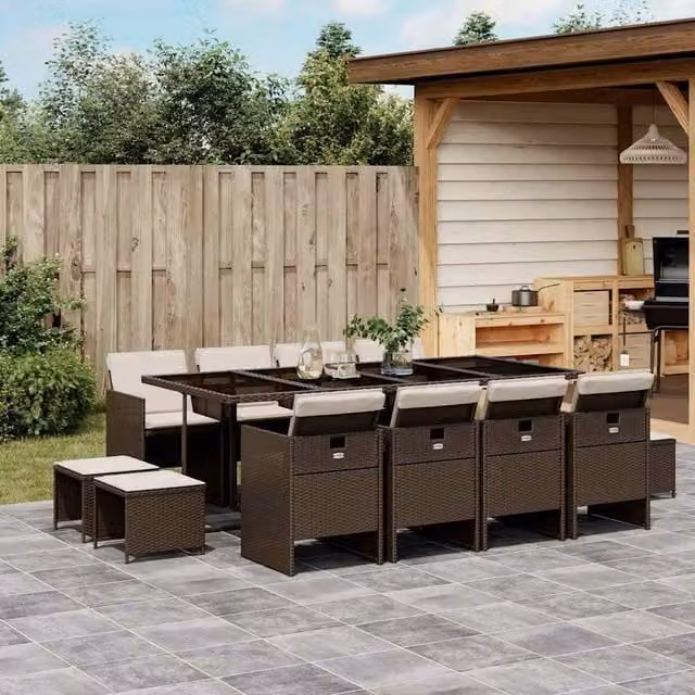 Berkfield Home 13 Piece Brown Poly Rattan Garden Dining Set with Cushions and Glass Tabletop