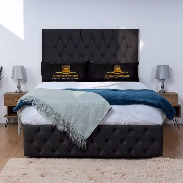 UK Bed Furniture Monaco Super King Divan Bed Base with 26 Inch Headboard in Black Velvet Fabric