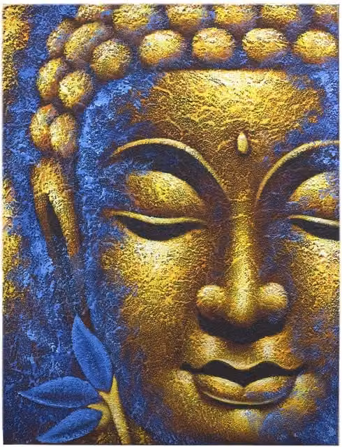 KDMD Buddha Hanging Painting with Gold Face and Blue Lotus Flower Canvas