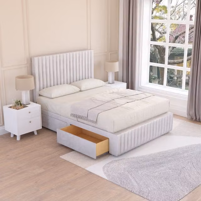Sloomy Madison Small Double Divan Bed Base with 2 Drawers, 12 inch Footboard and 26 inch Strutted Headboard in Silver Fabric, W/D/H: 120 x 200 cm