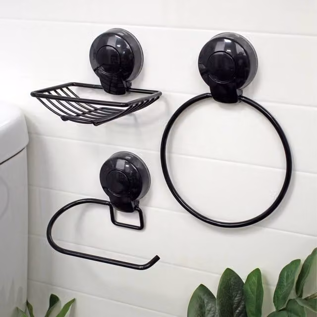 Showerdrape Suctionloc 3 Piece Black Wall Mounted Bathroom Accessory Set with Soap Dish and Toilet Roll Holder