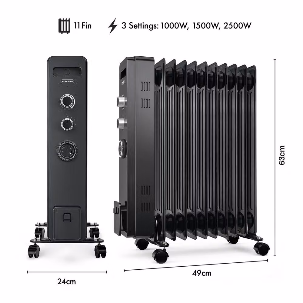 VonHaus 11 Fin Oil Filled Radiator 2500W in Black – 9
