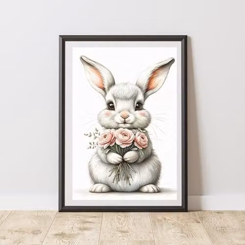 60 Second Makeover Rabbit with Bunch of Flowers Print Wall Art Poster, Multicolour, A4