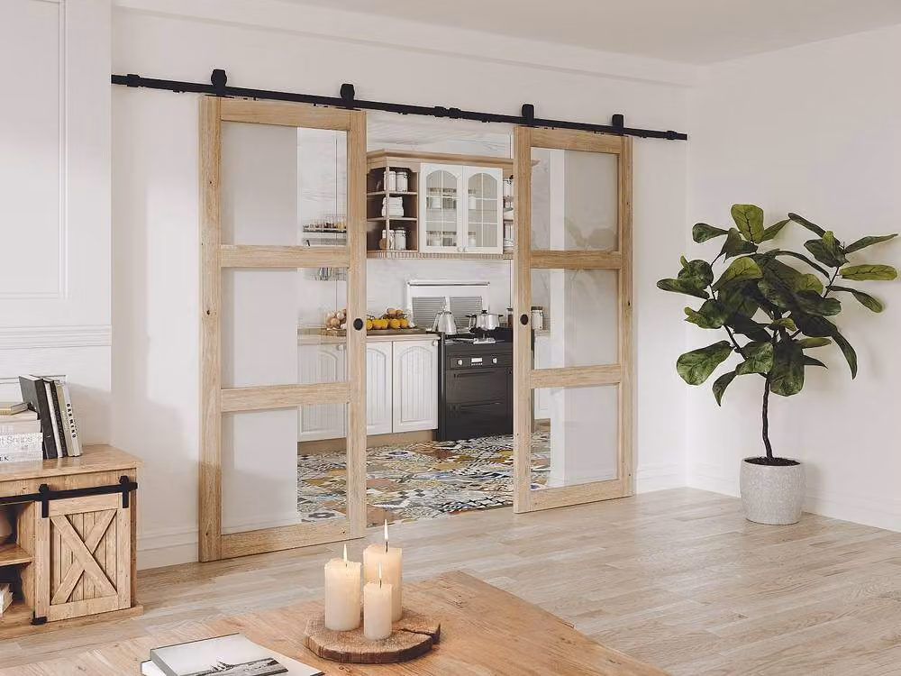 Vente-unique Double Sliding Door with Surface-Mounted System in Light Oak Wood and Tempered Glass – 2