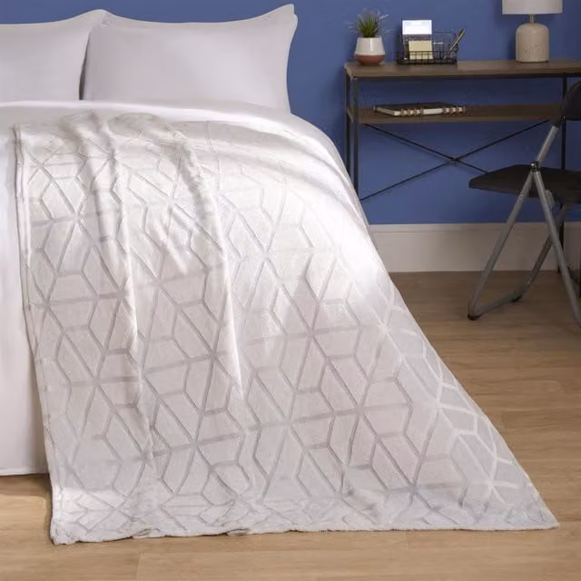 OHS Geo Embossed Geometric Flannel Fleece Throw in Silver