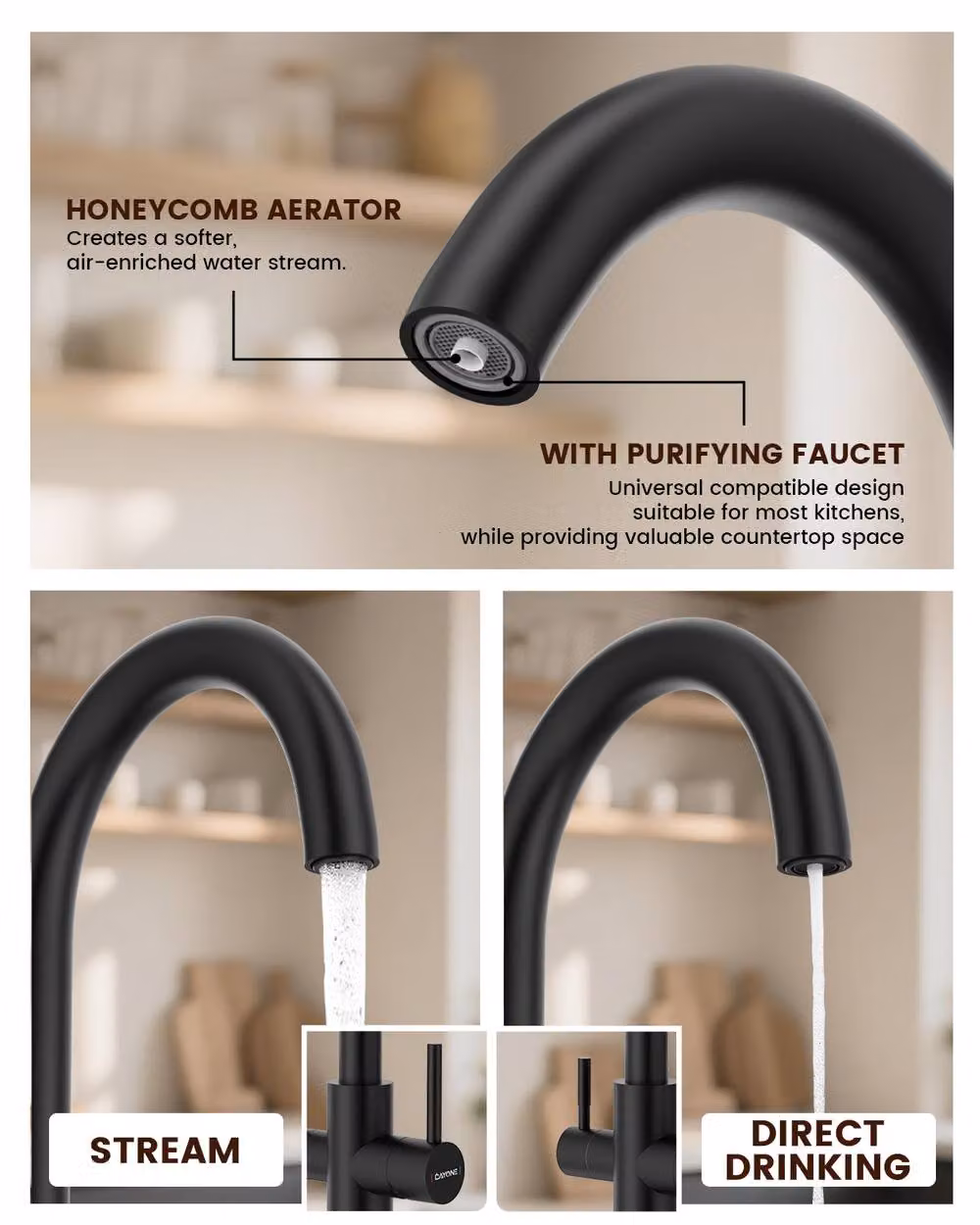 Dayone Matte Black Kitchen Sink Mixer Tap with 360 Degree Swivel Spout and Filtered Water Function – 4