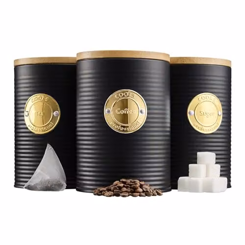 Cooks Professional 3 Piece Ribbed Tea, Coffee and Sugar Canister Set with Airtight Bamboo Lids in Black and Gold Stainless Steel