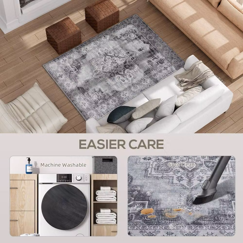 Wyld Haus Linimi Grey Vintage Style Floral Polyester Washable Non Slip Rectangular Rug W: 170 cm, D: 120 cm – 3