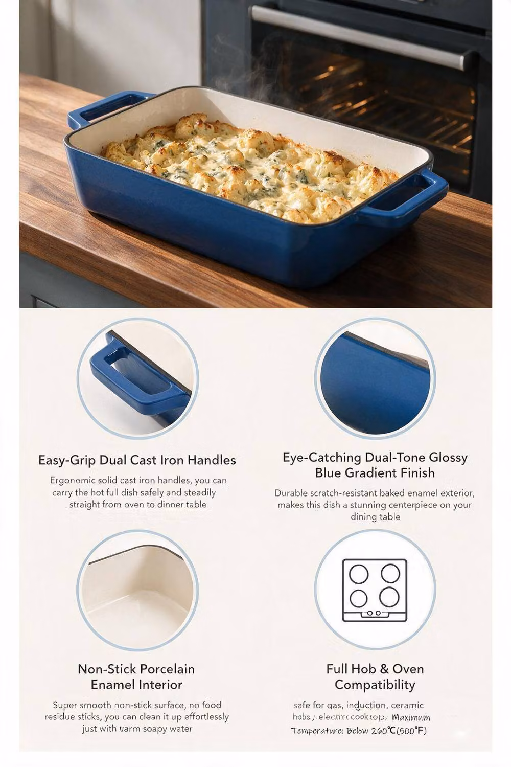 ExtraStar Enamelled Cast Iron Rectangular Casserole Dish with Handles in Blue – 5