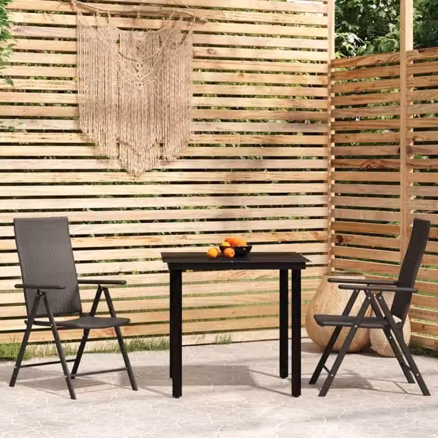 Berkfield Home 3 Piece Modern Garden Dining Set in Black Metal and Rattan with Glass Top
