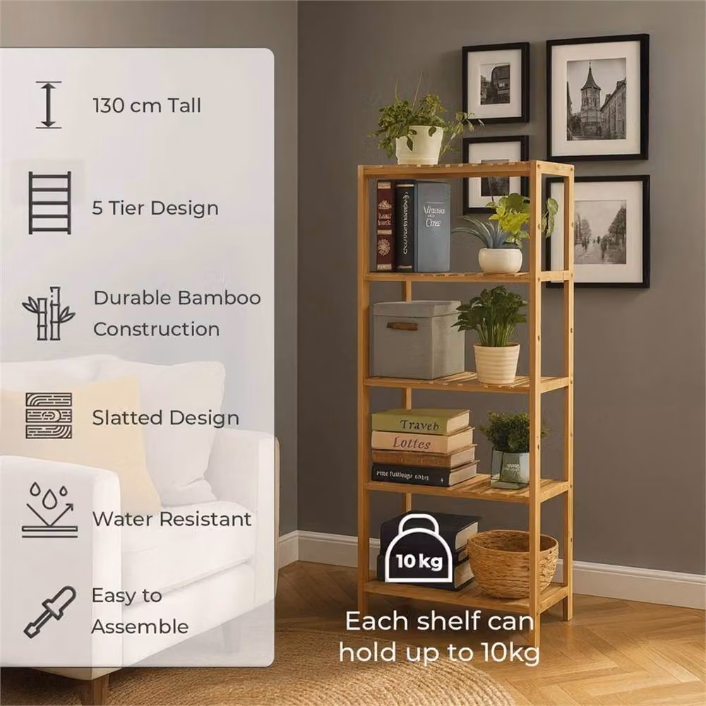 Nordara 5 Tier Bamboo Storage Shelving Unit in Natural Brown with Adjustable Shelves – 2