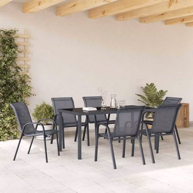 Berkfield Home Set of 6 Stackable Grey Garden Chairs with Textilene Fabric and Steel Frame – 1