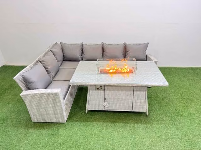 Fimous 6 Seat Rattan Garden Furniture Corner Sofa Set with Gas Fire Pit Table in Light Grey