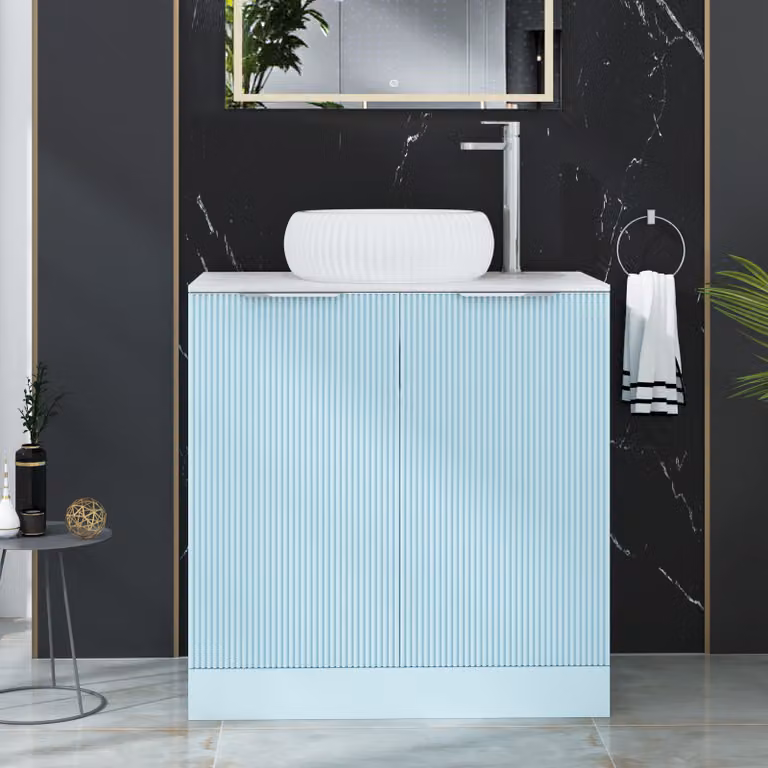Royal Bathrooms Evora 800mm Powder Blue Fluted Floor Standing Countertop Vanity Unit with Milan Basin and 2 Soft Close Doors