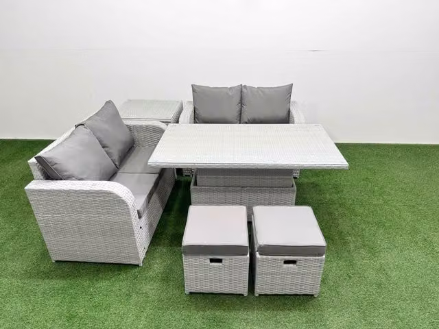Fimous 6 Seater Rattan Garden Furniture Set in Light Grey with L-Shape Sofa, Adjustable Dining Coffee Table and 2 Ottomans