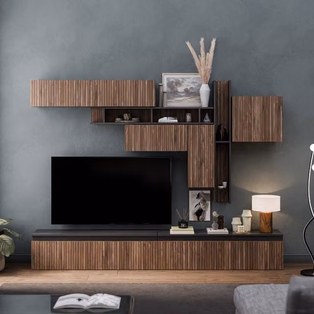 Decorotika Milano Modern Wall Mounted Entertainment Center in Black with Striped Pattern