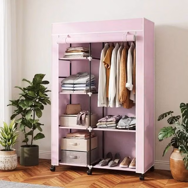 STILVORA Pink Wardrobe with Shelves and Hanging Rail, W/D/H: 103 x 43 x 162.5 cm – 1
